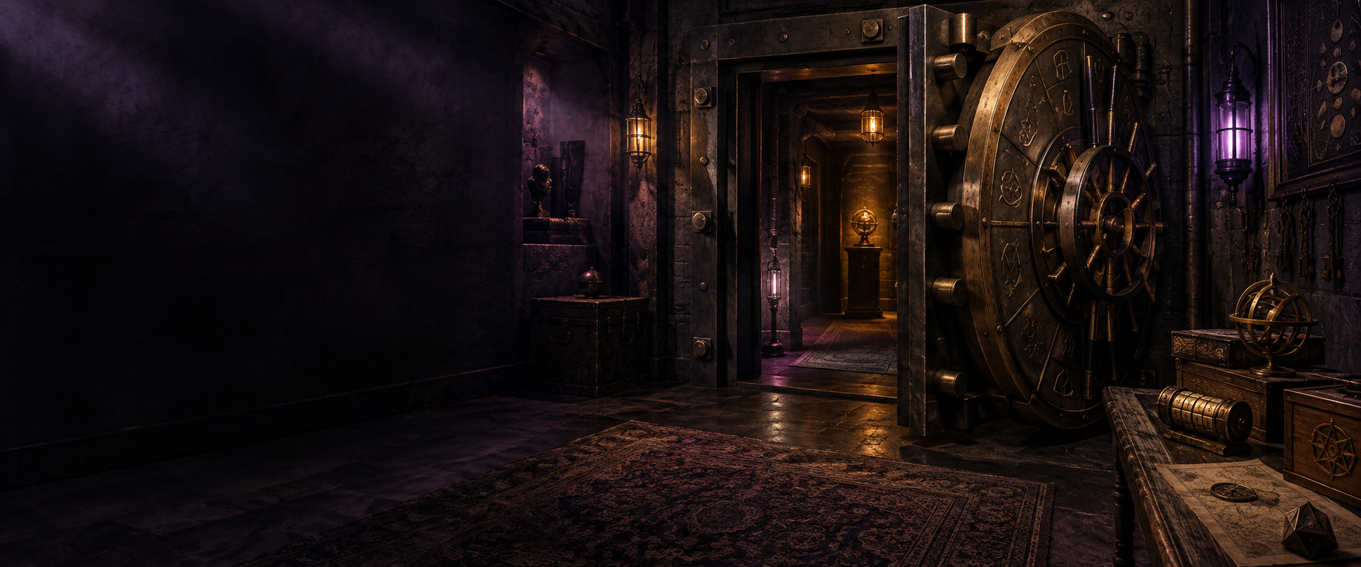 An atmospheric escape room with an open vault, brass puzzles, and purple light